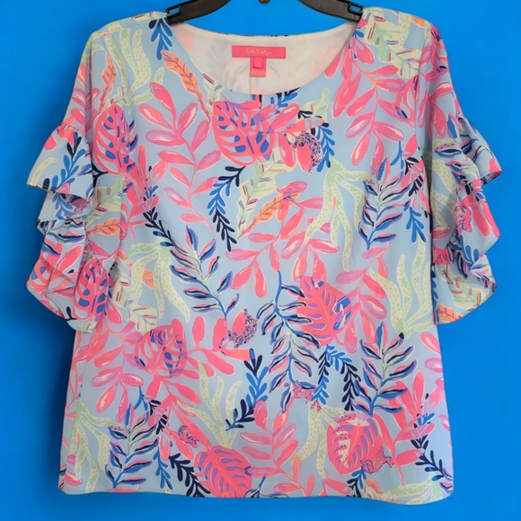 Lilly Pulitzer Darlah Ruffle Blouse YOU’VE BEEN SPOTTED (Size Small) - Picture 1 of 6